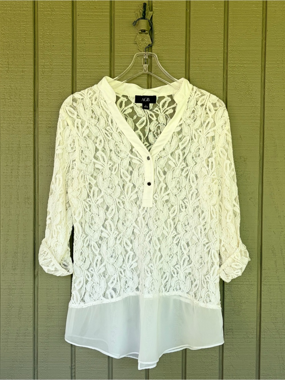 AGB Floral Lace Blouse White Large Chiffon Hem 3/4 Roll Tab Sleeve Boho Tunic